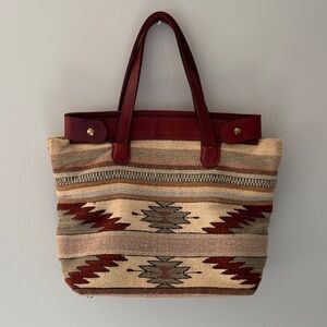 Vintage Woven Southwestern Tote Bag with Burgundy Leather Trim